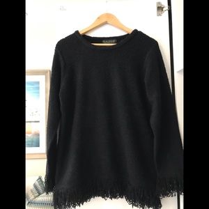 Dialogue black fuzzy fringed crew tunic sweater